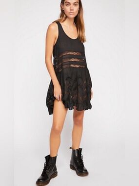 Free People Intimately Voile and Lace Trapeze Slip Dress Black/White Dots Medium
